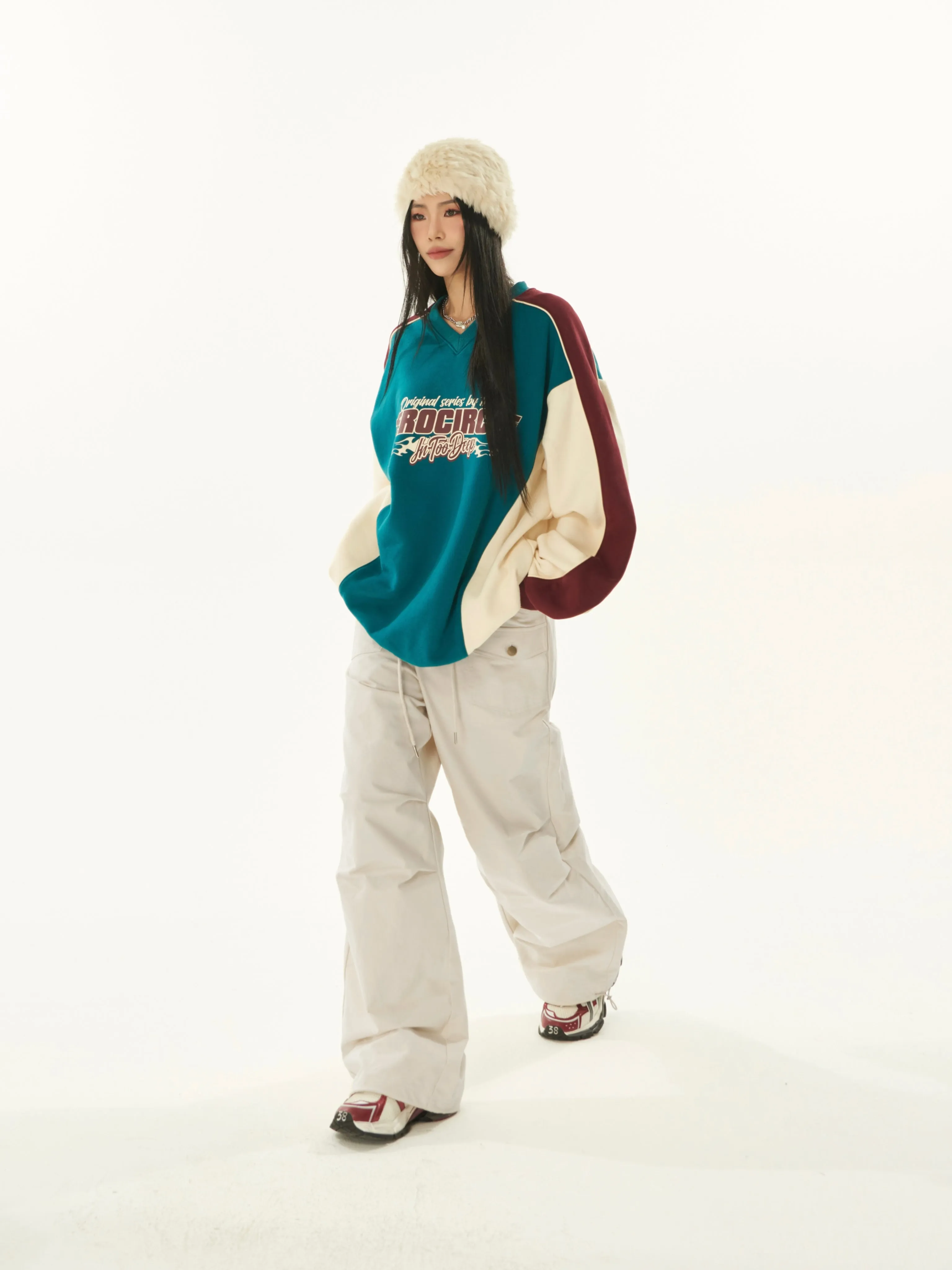Sydnee Solid Color White Multi-Pocket Straight Leg Parachute Baggy Pants