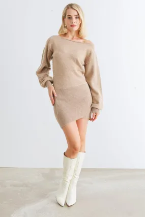 Tan Knit Puff Long Sleeve Wrap Hem Mini Dress /1-2-2-1