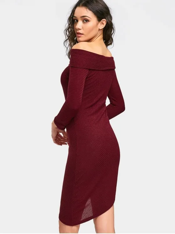 TastyHottie - Cute Off Shoulder Mini Knit Ribbed Dress