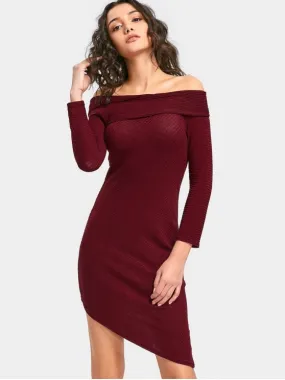 TastyHottie - Cute Off Shoulder Mini Knit Ribbed Dress