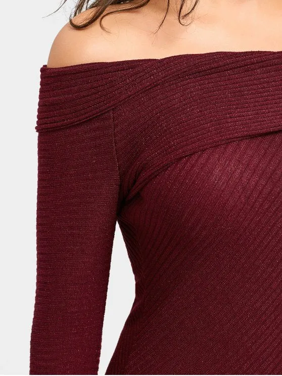 TastyHottie - Cute Off Shoulder Mini Knit Ribbed Dress