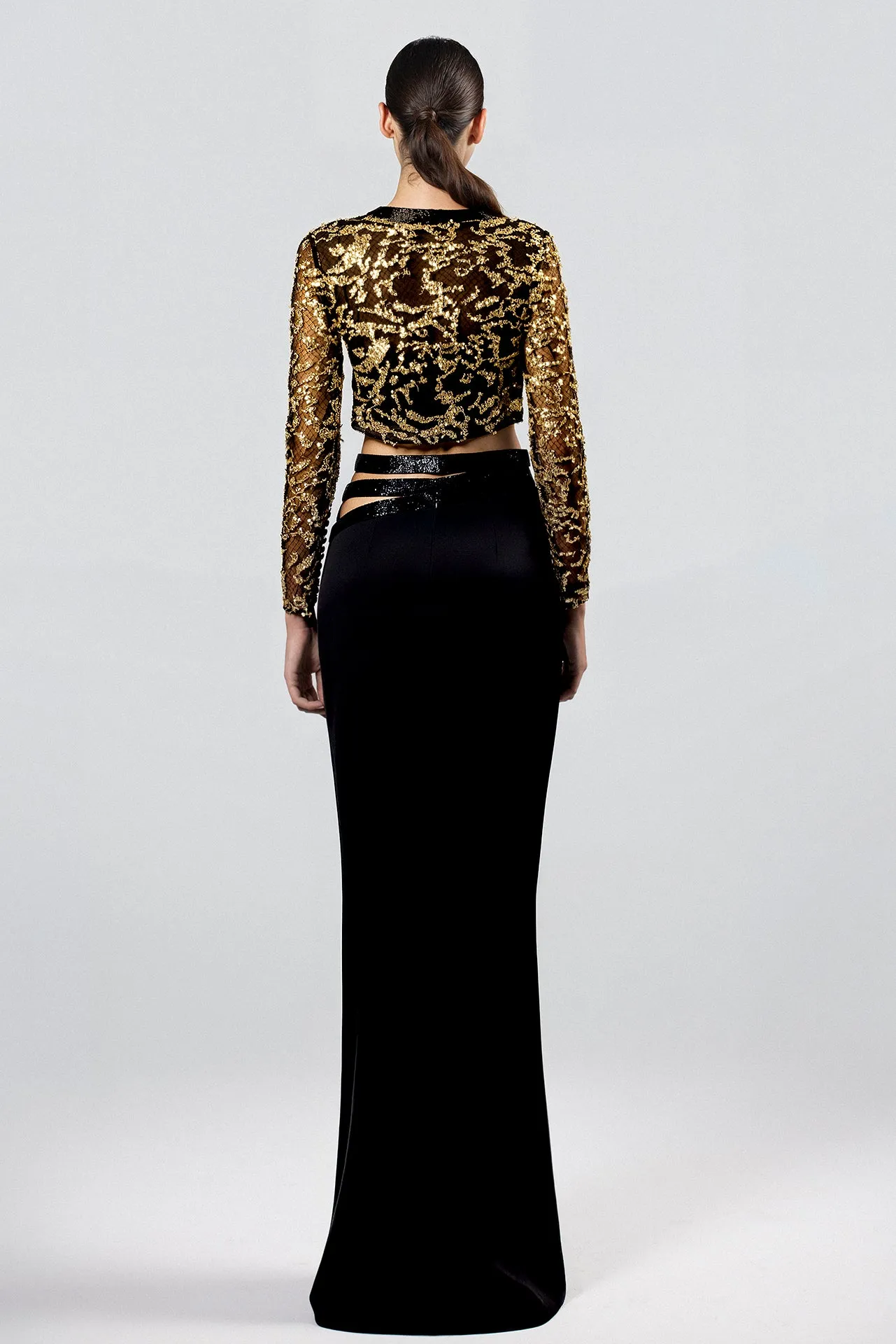 Three-Piece Evening Ensemble with Cropped Jacket, Cropped Top, and Form-Fitting Floor-Length Skirt