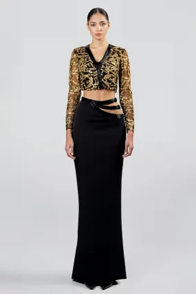 Three-Piece Evening Ensemble with Cropped Jacket, Cropped Top, and Form-Fitting Floor-Length Skirt