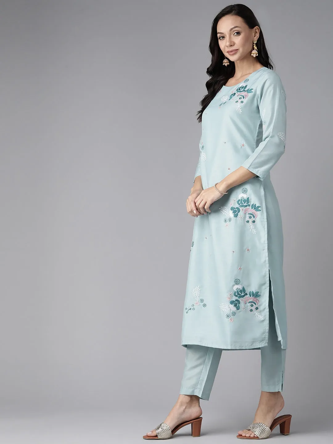Turquoise Blue Floral Embroidered Silk Dupatta Set