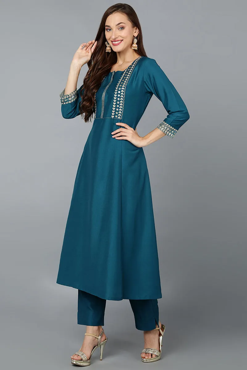 Turquoise Blue Silk Blend Straight Kurta Pant With Dupatta