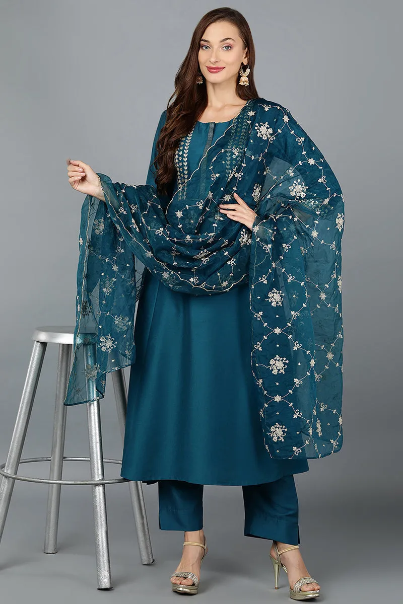 Turquoise Blue Silk Blend Straight Kurta Pant With Dupatta