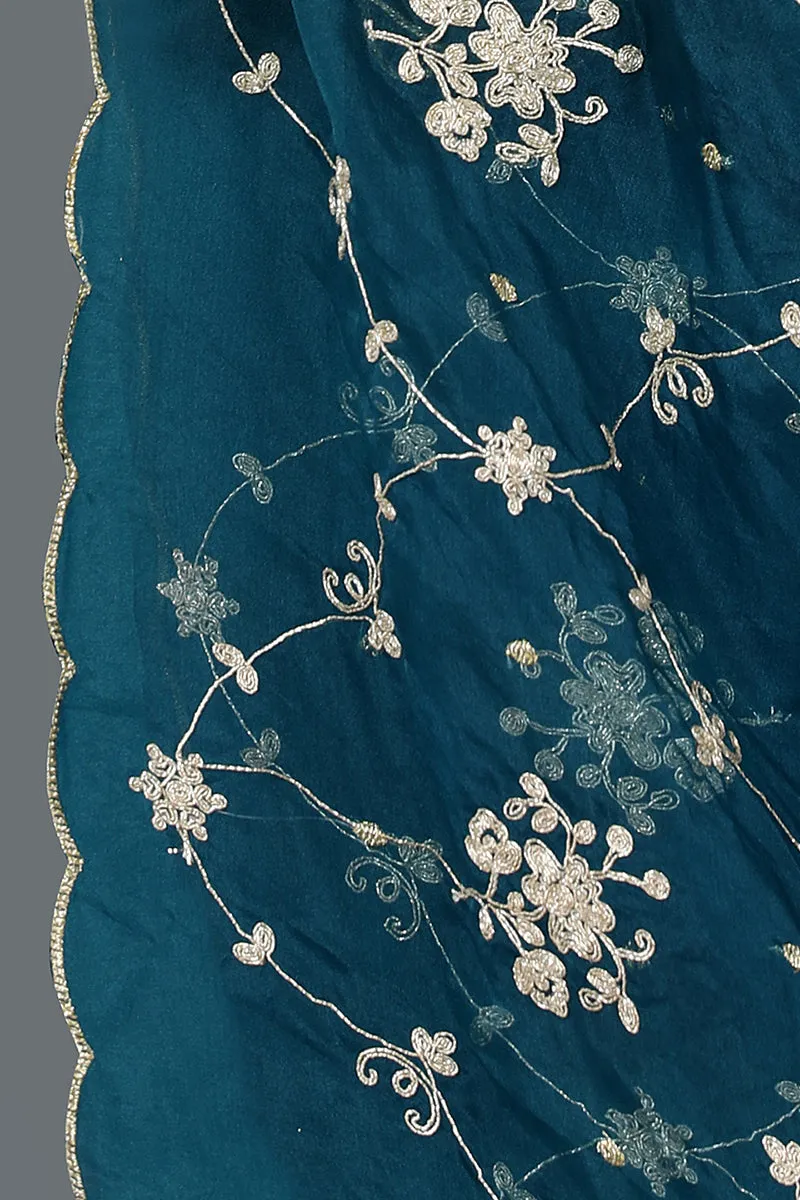 Turquoise Blue Silk Blend Straight Kurta Pant With Dupatta