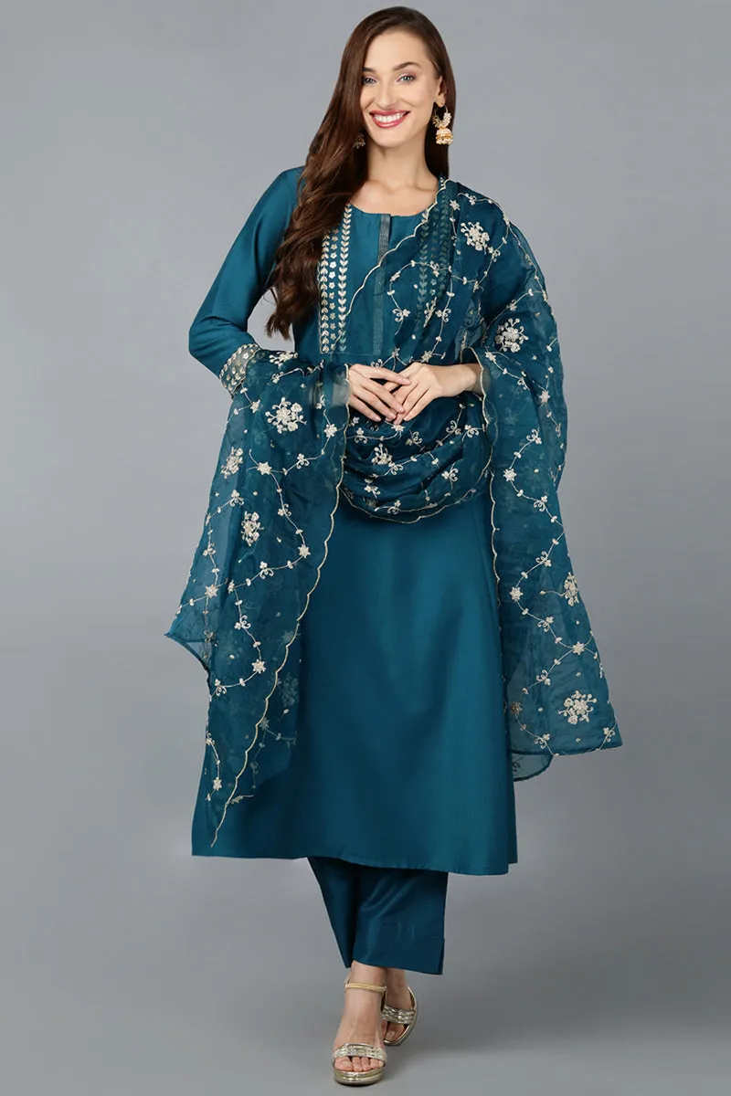 Turquoise Blue Silk Blend Straight Kurta Pant With Dupatta