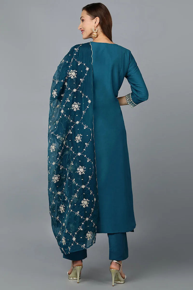 Turquoise Blue Silk Blend Straight Kurta Pant With Dupatta