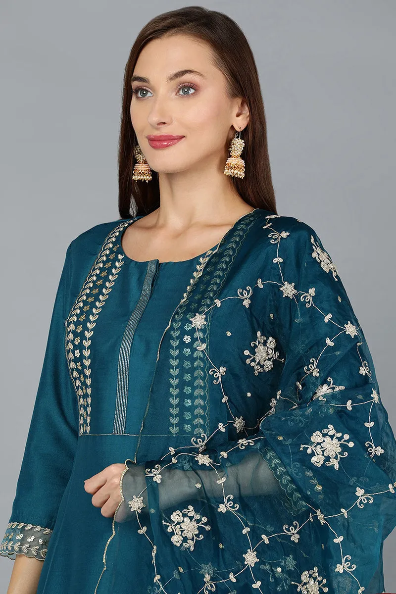 Turquoise Blue Silk Blend Straight Kurta Pant With Dupatta