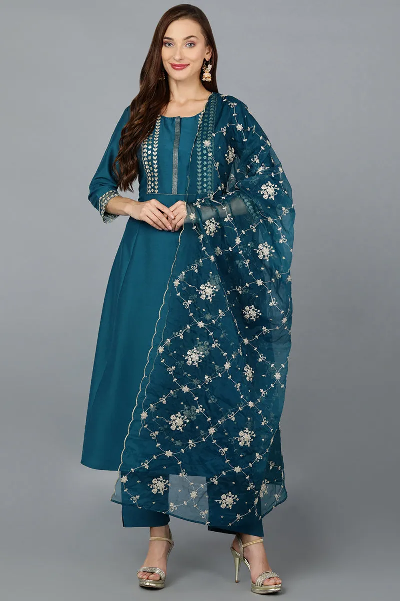 Turquoise Blue Silk Blend Straight Kurta Pant With Dupatta