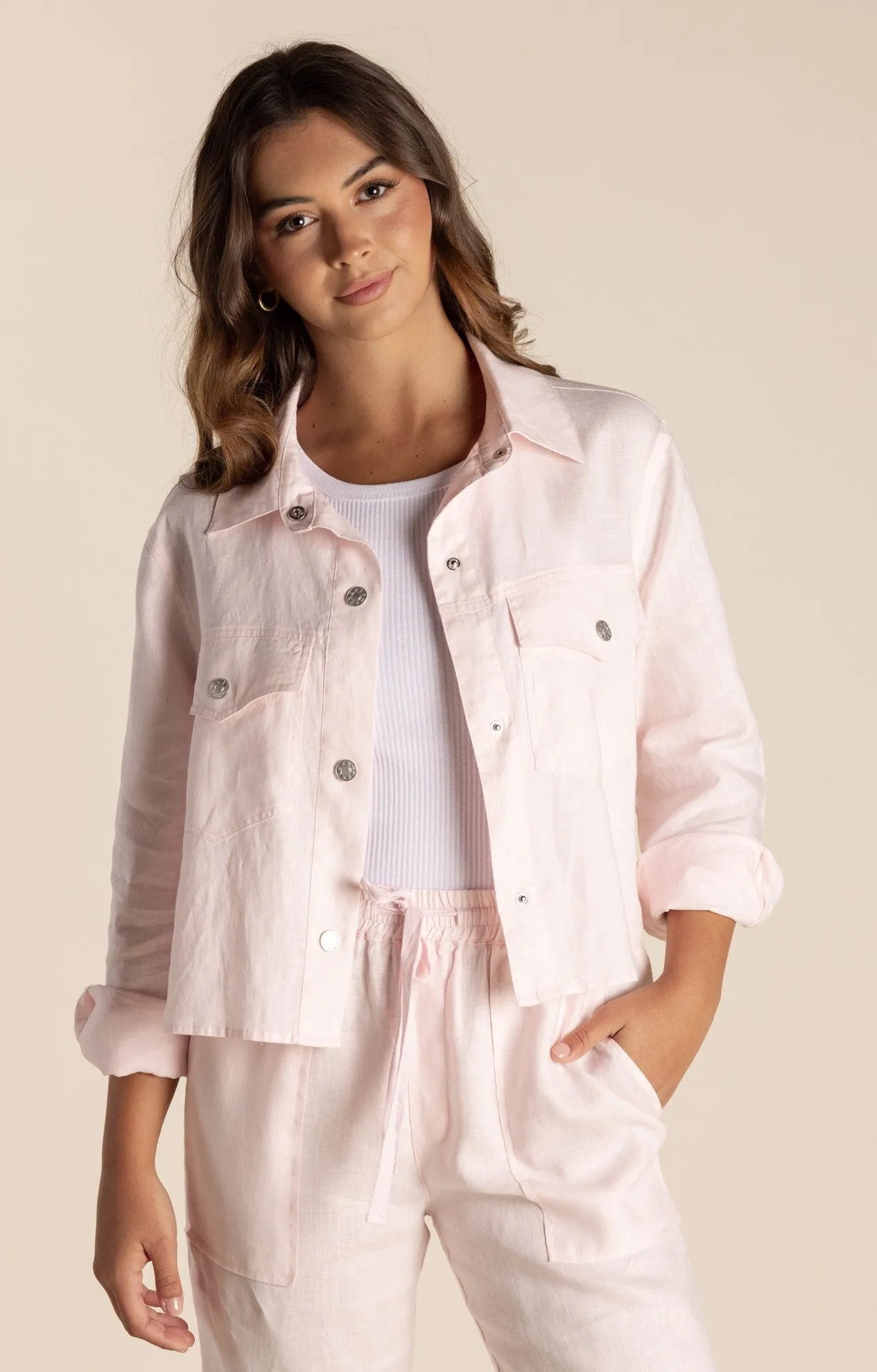 Two T's Linen Shirt Jacket - Pale Pink