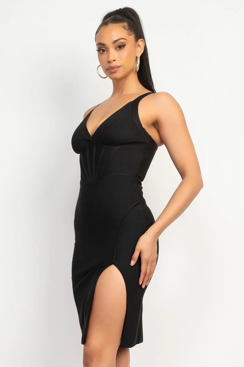 V-Neck Slit Bandage Mini Dress