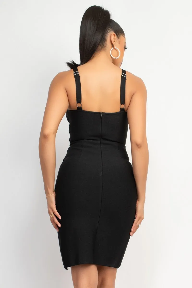 V-Neck Slit Bandage Mini Dress