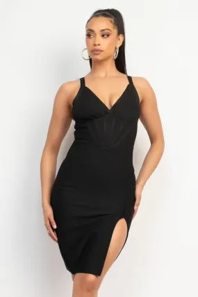 V-Neck Slit Bandage Mini Dress