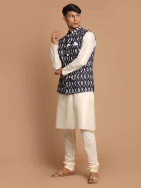 VASTRAMAY Men's Black  Nehru Jacket  With Cream Kurta And Pyjama Set