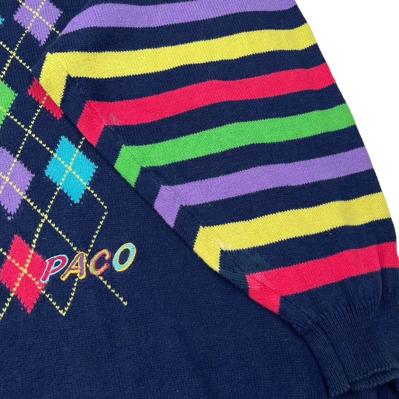 Vintage PACO Argyle Patterned Multi Colour Striped Knit Crewneck Sweater Jumper