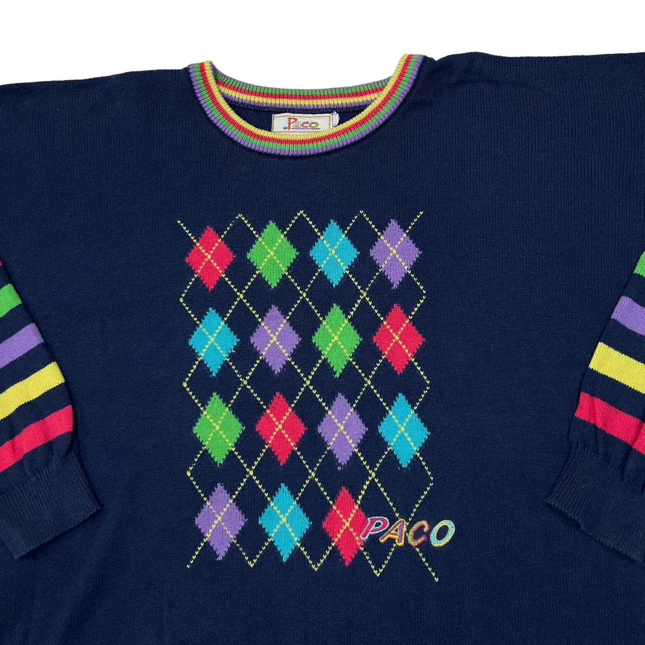 Vintage PACO Argyle Patterned Multi Colour Striped Knit Crewneck Sweater Jumper
