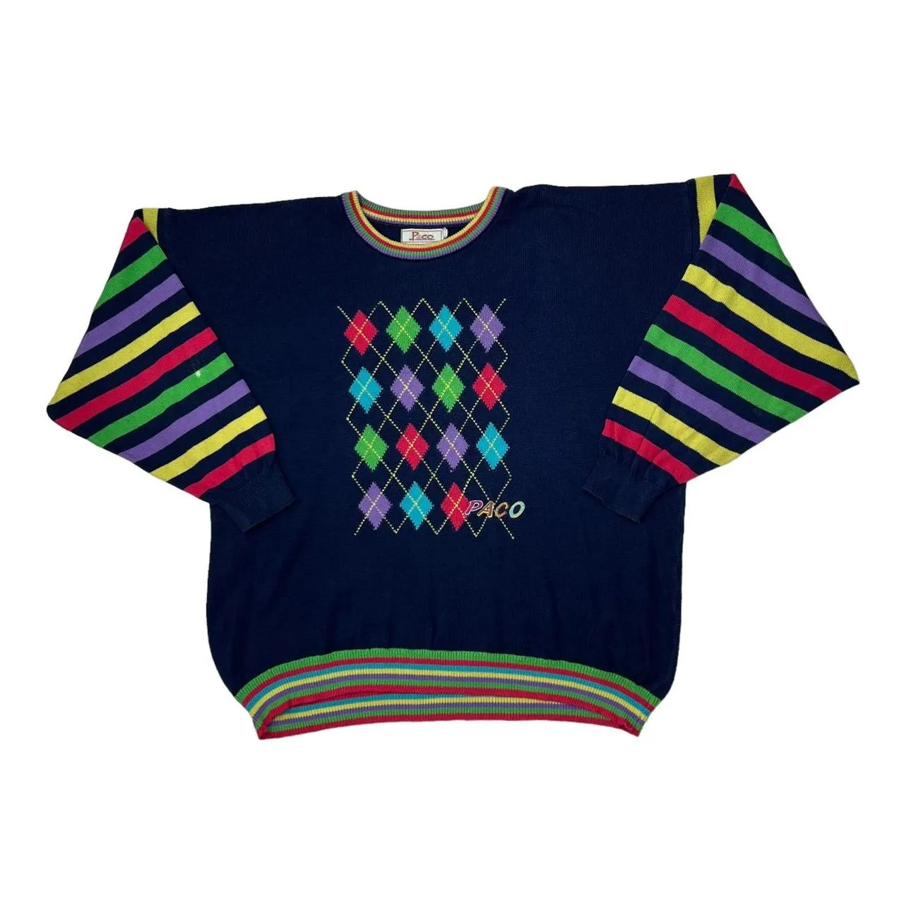 Vintage PACO Argyle Patterned Multi Colour Striped Knit Crewneck Sweater Jumper