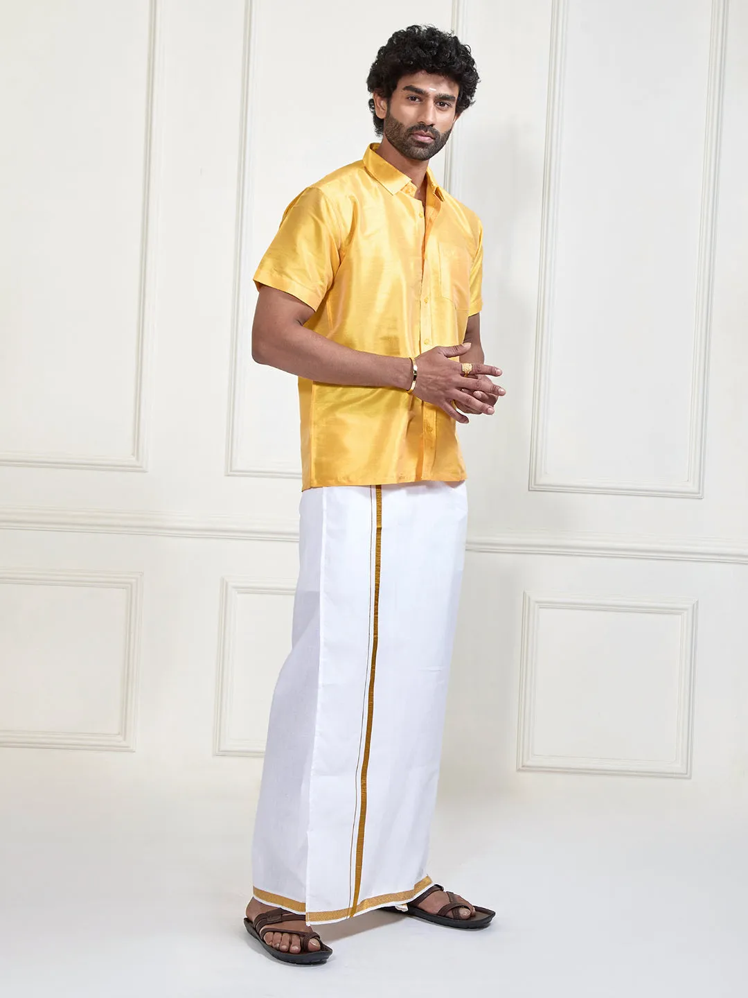 VM By VASTRAMAY Men's Yellow and White Silk Blend Shirt And Mundu Set