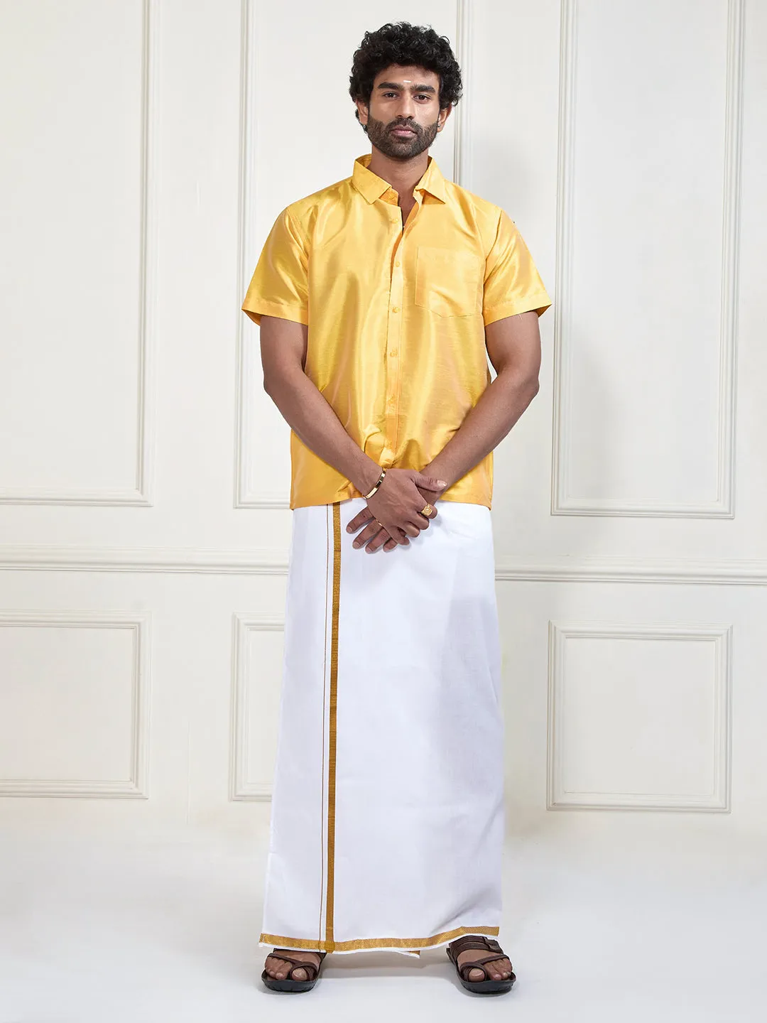 VM By VASTRAMAY Men's Yellow and White Silk Blend Shirt And Mundu Set