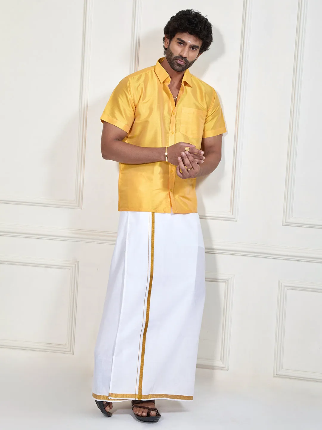 VM By VASTRAMAY Men's Yellow and White Silk Blend Shirt And Mundu Set