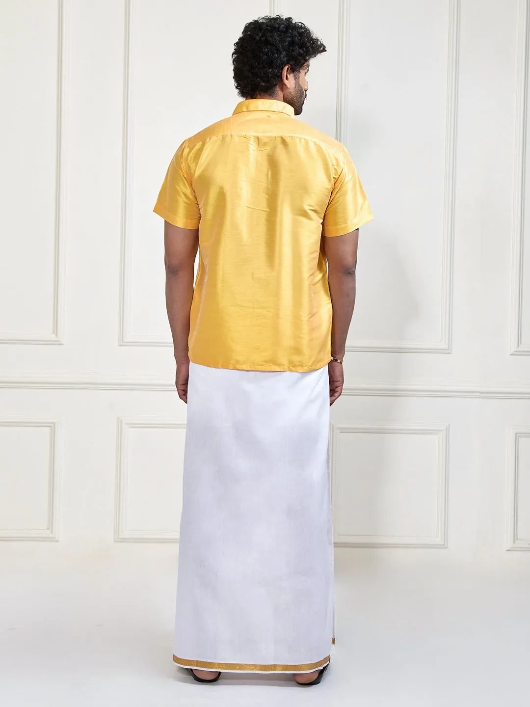 VM By VASTRAMAY Men's Yellow and White Silk Blend Shirt And Mundu Set