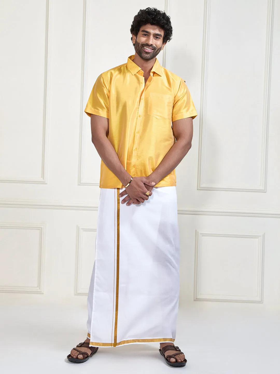 VM By VASTRAMAY Men's Yellow and White Silk Blend Shirt And Mundu Set
