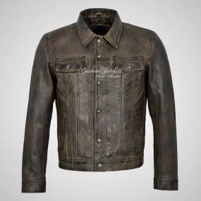 WEST Trucker Leather Jacket Denim Style Vintage Waxed Shirt Jacket