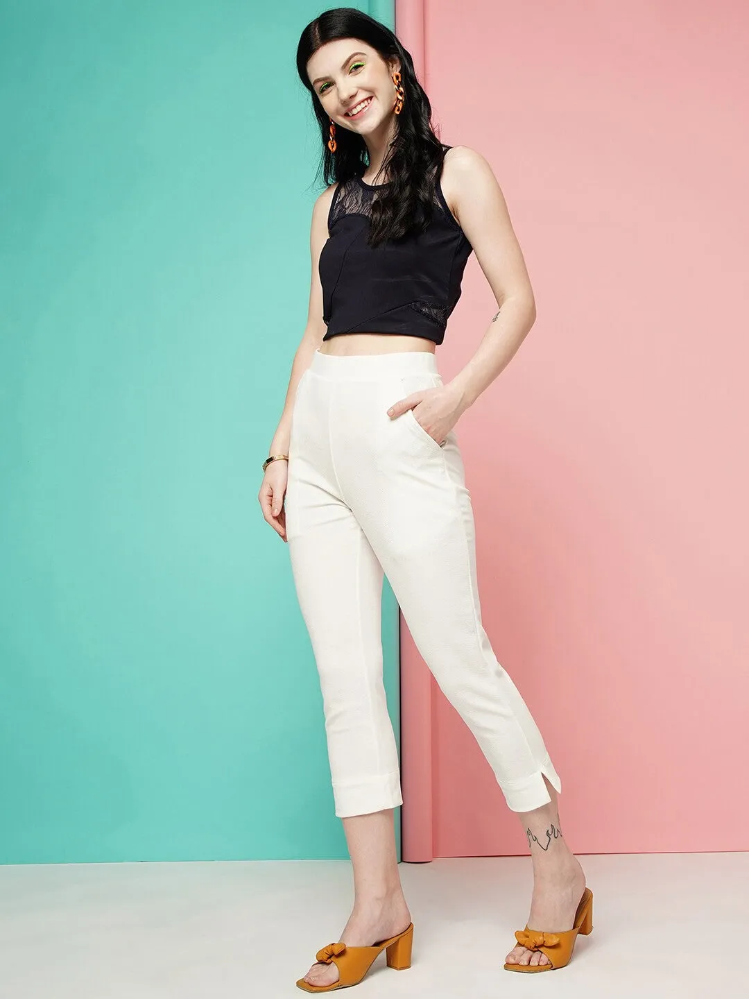 White Cropped Slim Fit Trouser