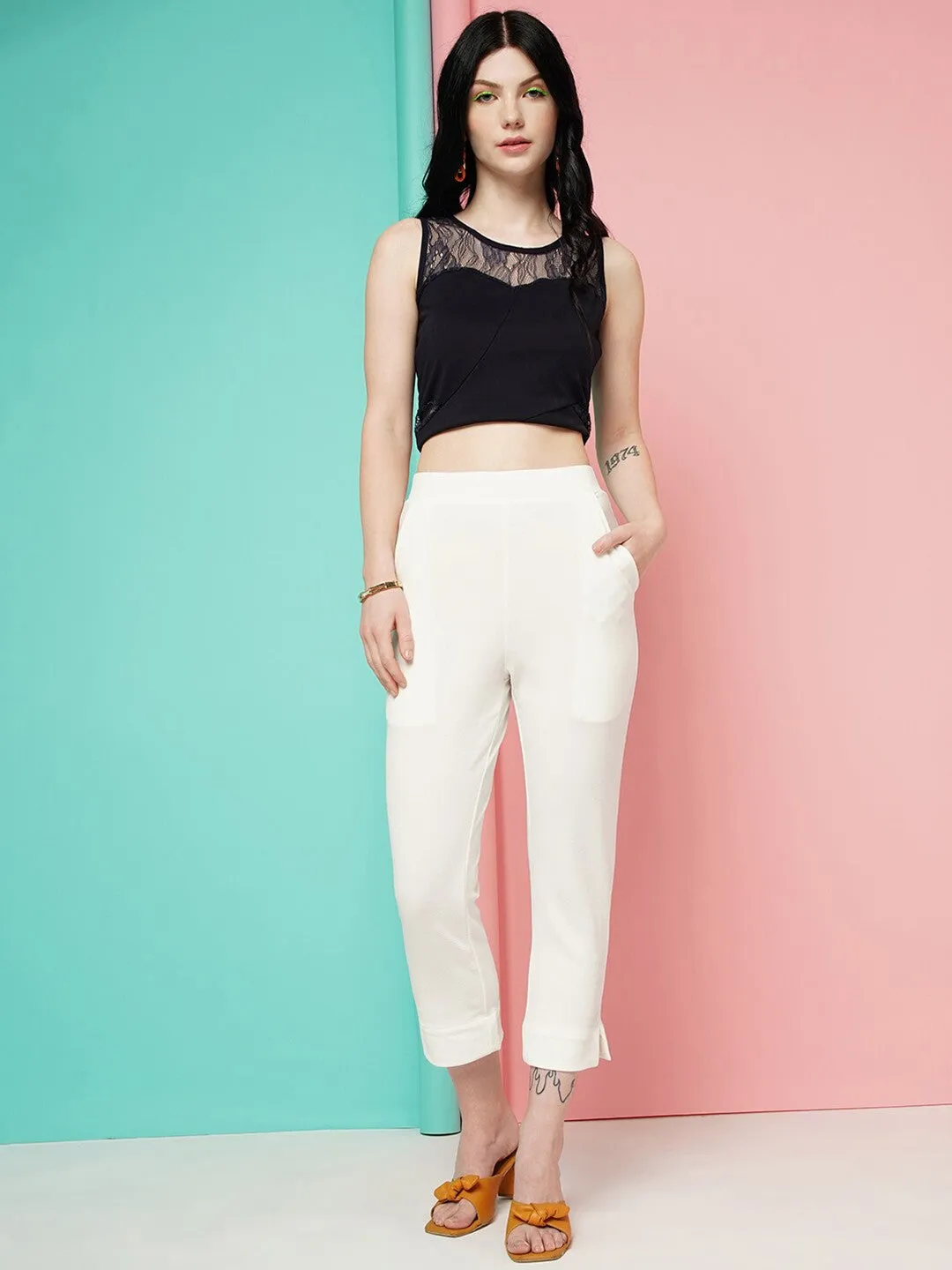 White Cropped Slim Fit Trouser