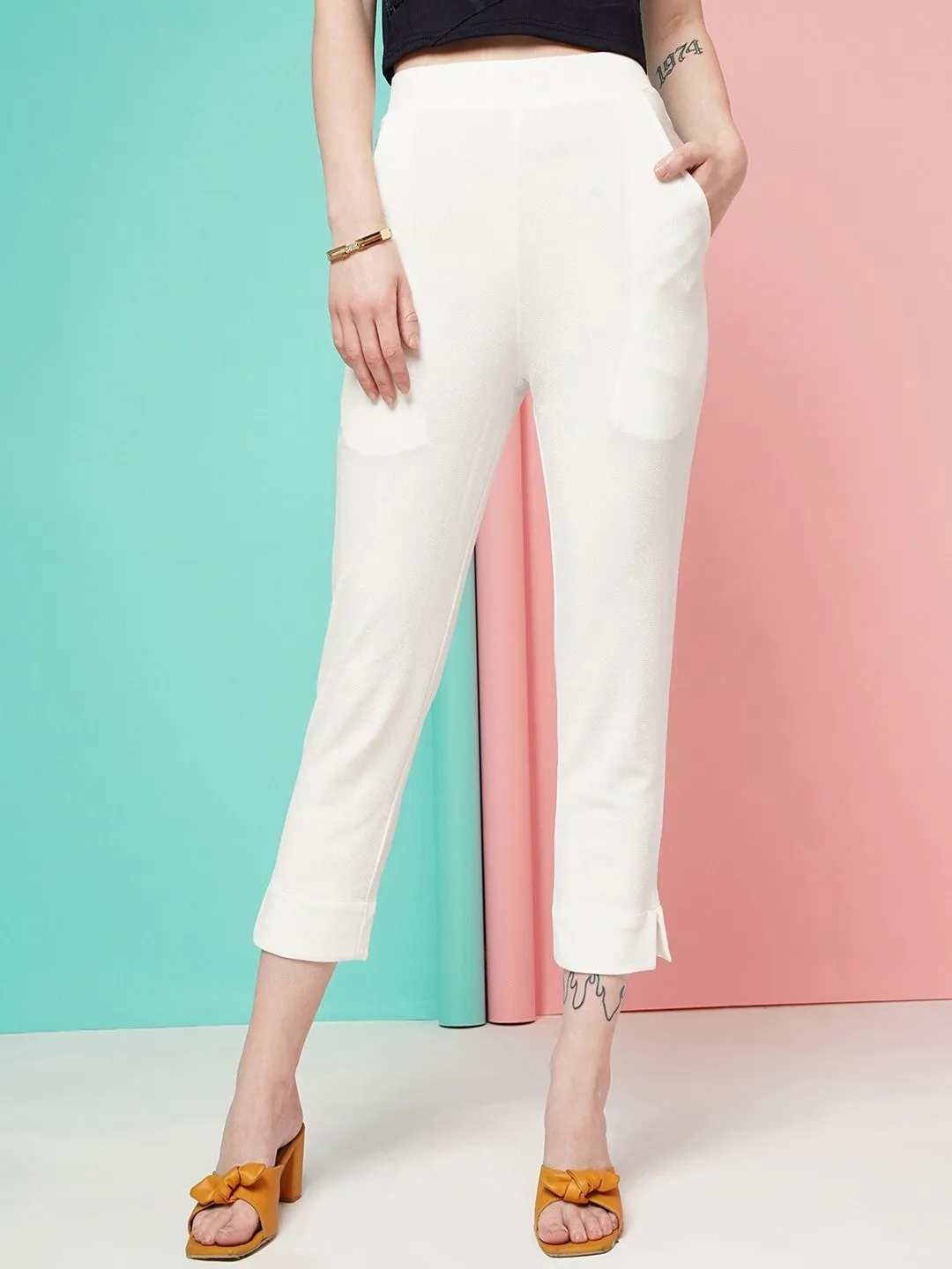 White Cropped Slim Fit Trouser