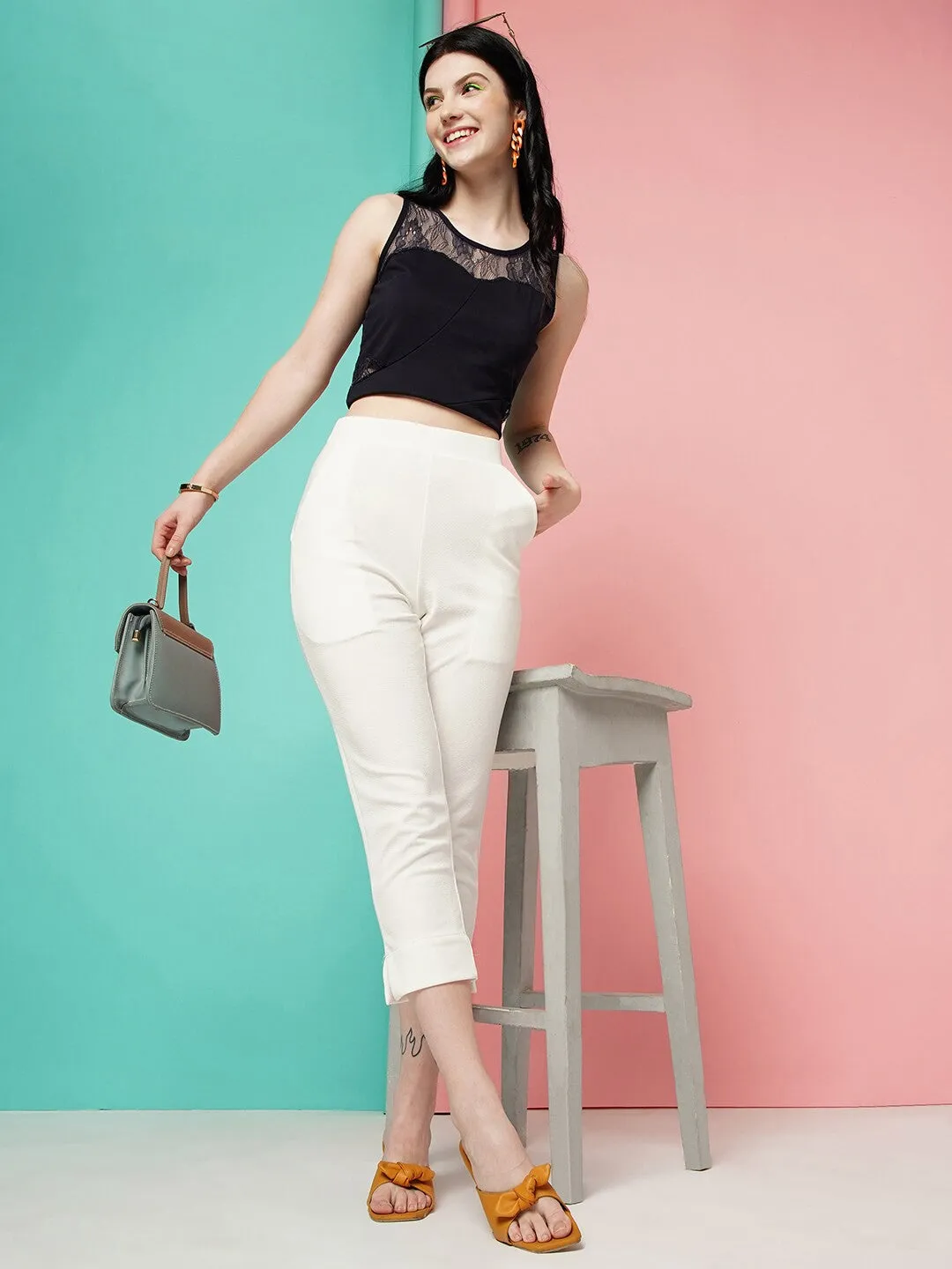 White Cropped Slim Fit Trouser