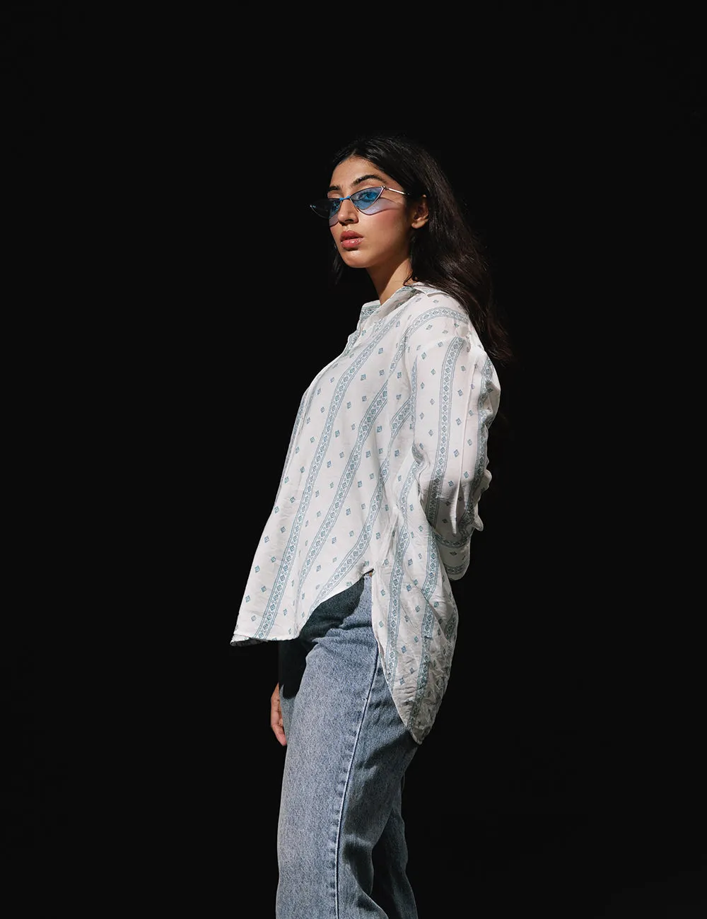 White& Blue Ethnic Printed Casual Shirt