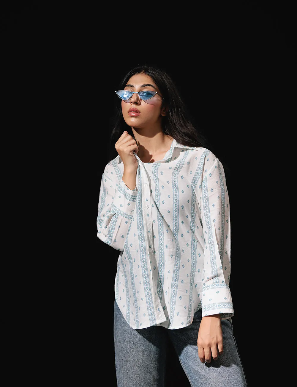 White& Blue Ethnic Printed Casual Shirt