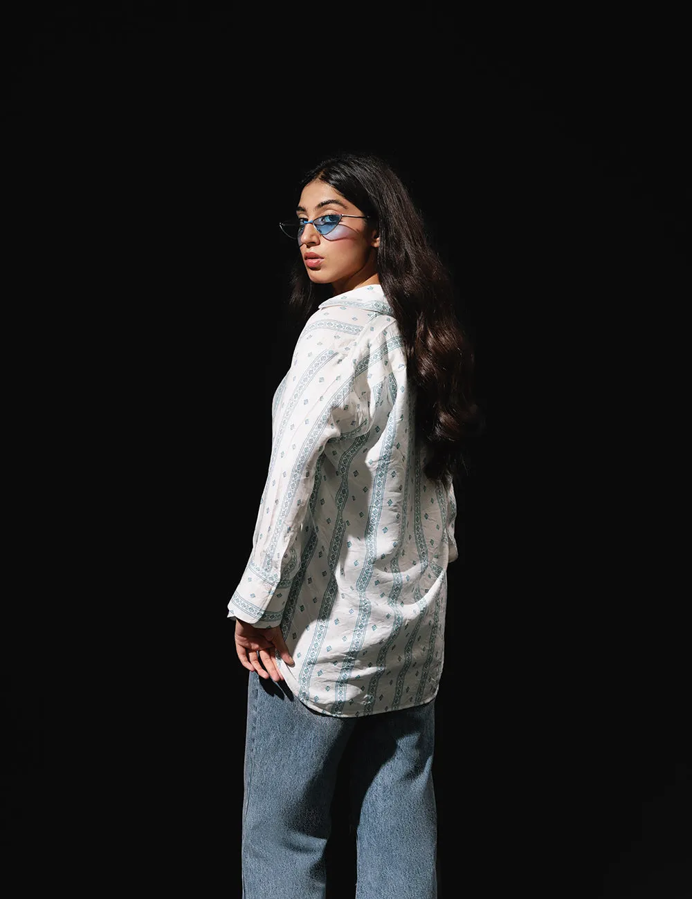 White& Blue Ethnic Printed Casual Shirt