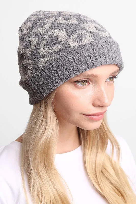 Winter Leopard Print Ribbed Cuff Beanie Hat