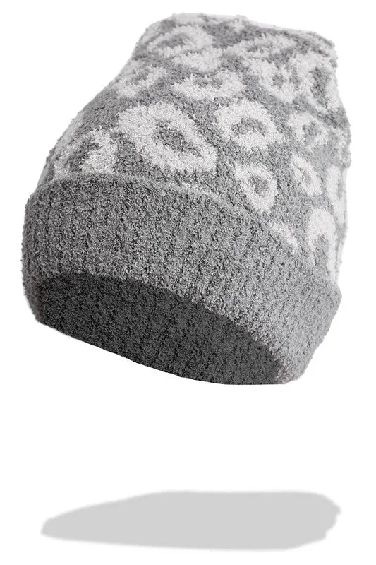 Winter Leopard Print Ribbed Cuff Beanie Hat