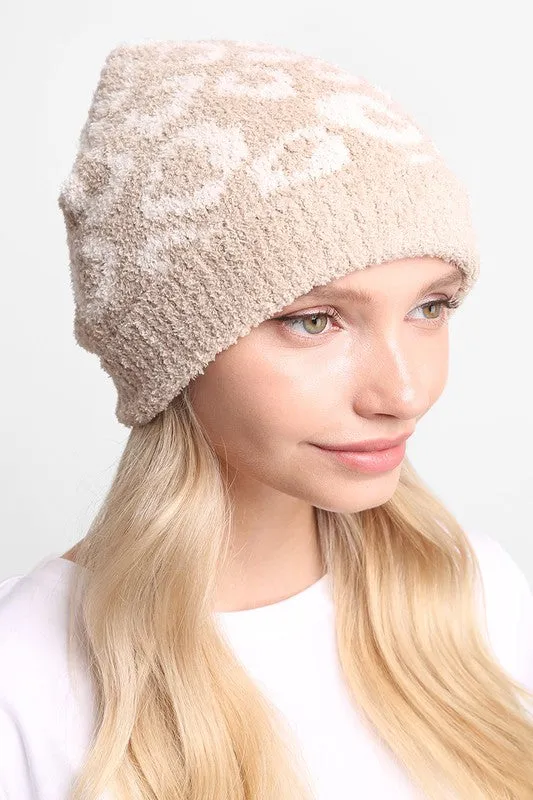 Winter Leopard Print Ribbed Cuff Beanie Hat