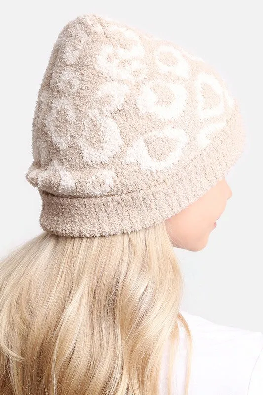 Winter Leopard Print Ribbed Cuff Beanie Hat