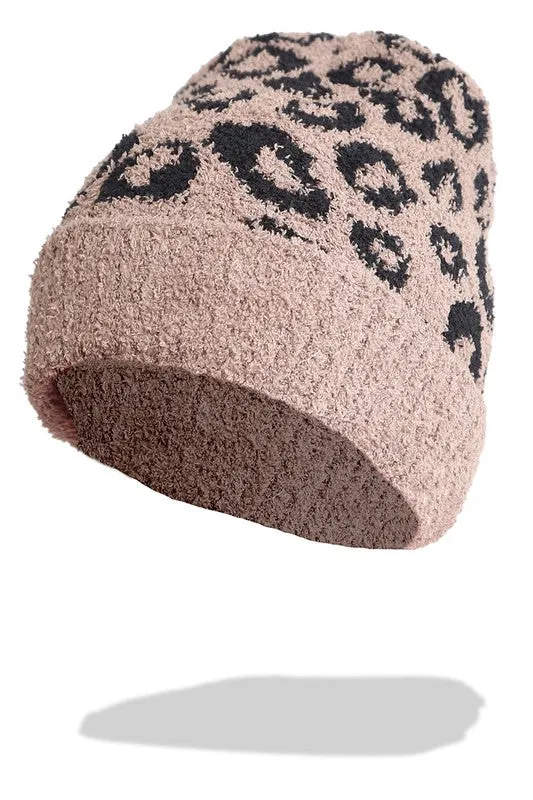 Winter Leopard Print Ribbed Cuff Beanie Hat