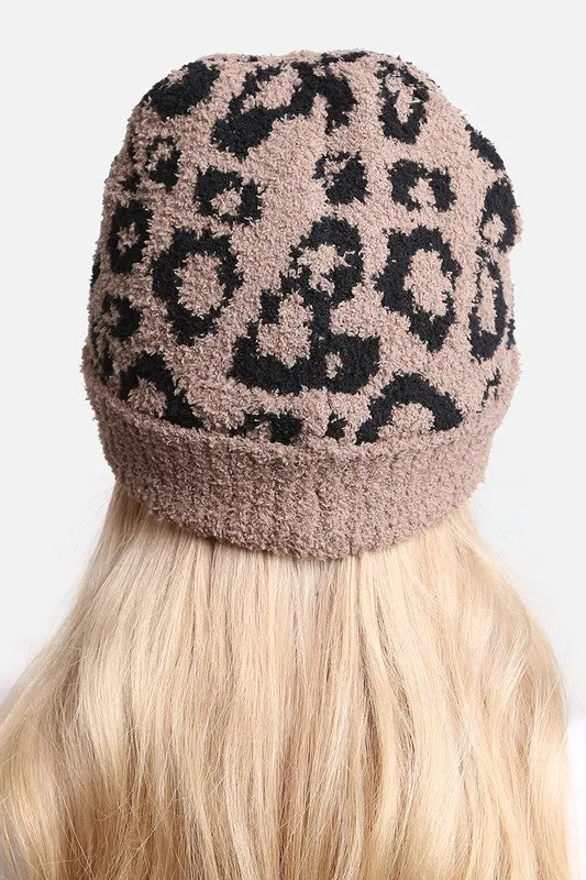 Winter Leopard Print Ribbed Cuff Beanie Hat