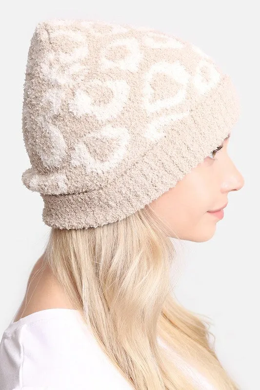 Winter Leopard Print Ribbed Cuff Beanie Hat
