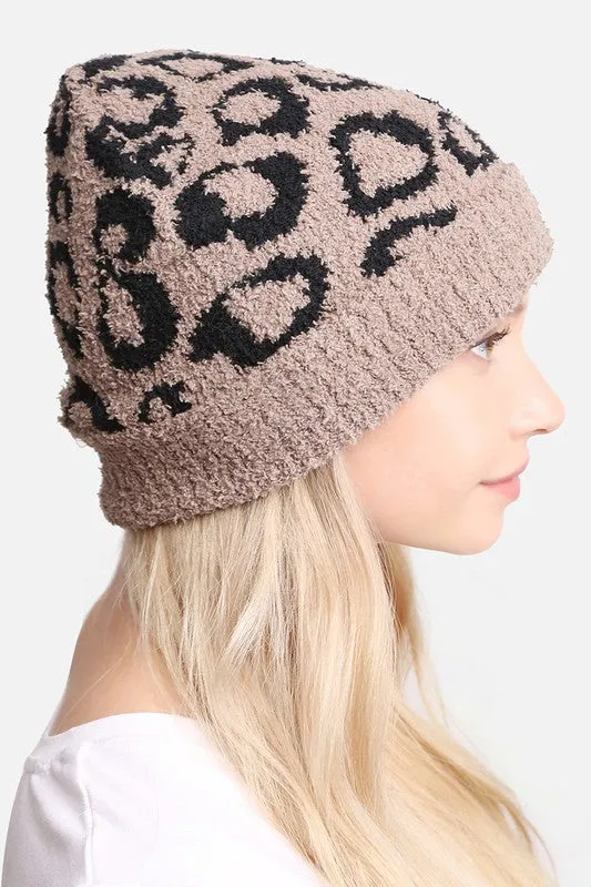 Winter Leopard Print Ribbed Cuff Beanie Hat