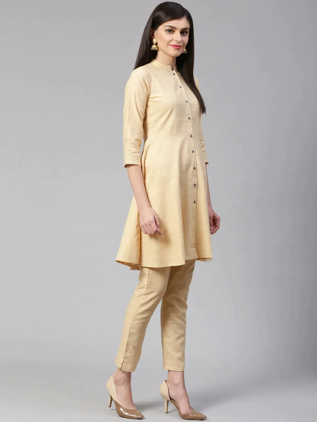 Women Beige Solid Kurta With Trousers & Dupatta