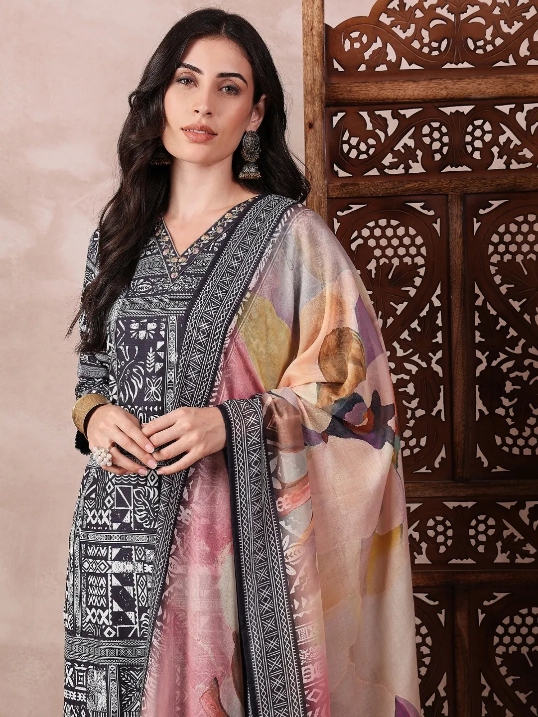 Women Black Silk Blend Geometric Printed Straight Kurta Trouser With Dupatta