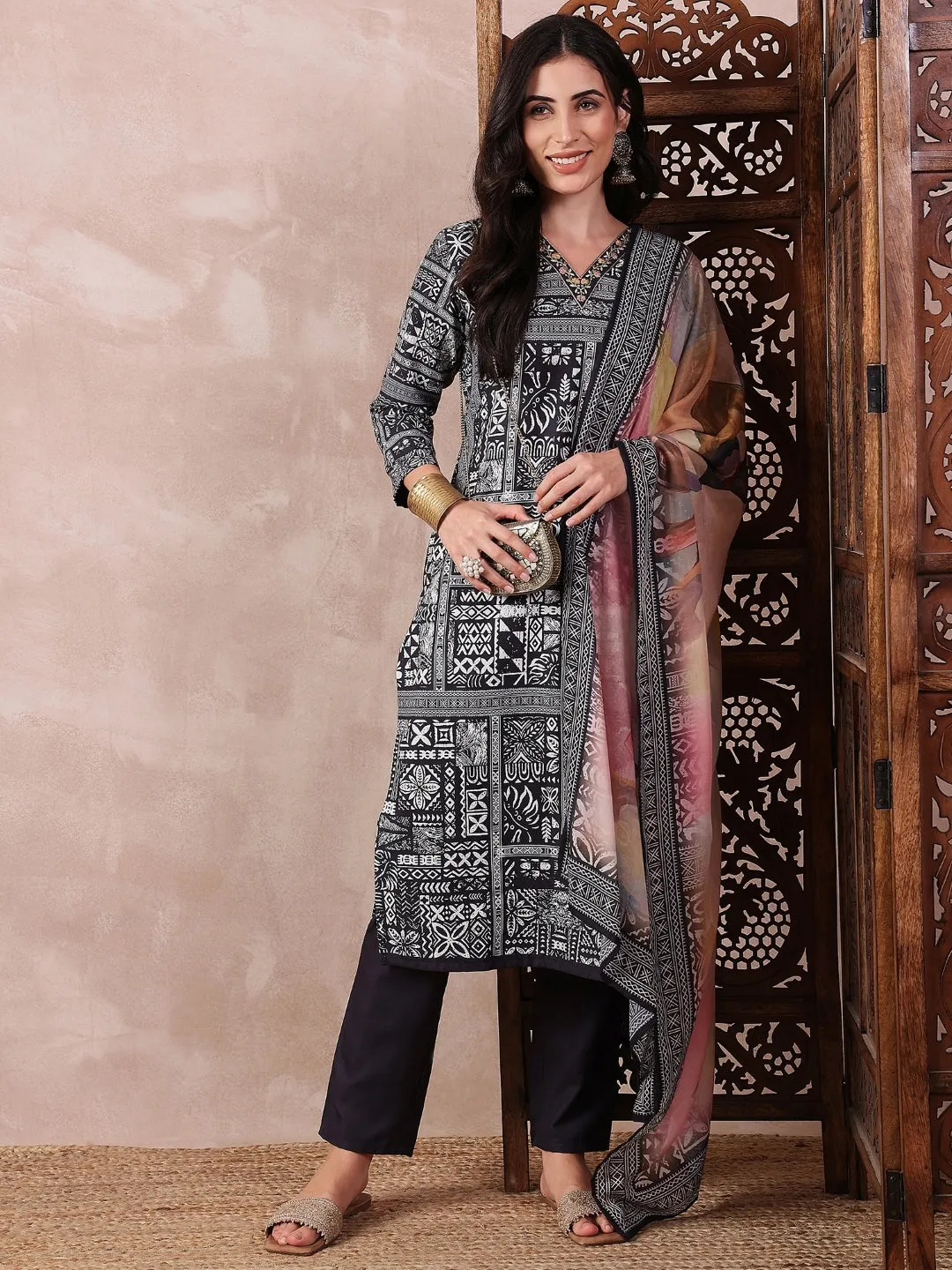 Women Black Silk Blend Geometric Printed Straight Kurta Trouser With Dupatta