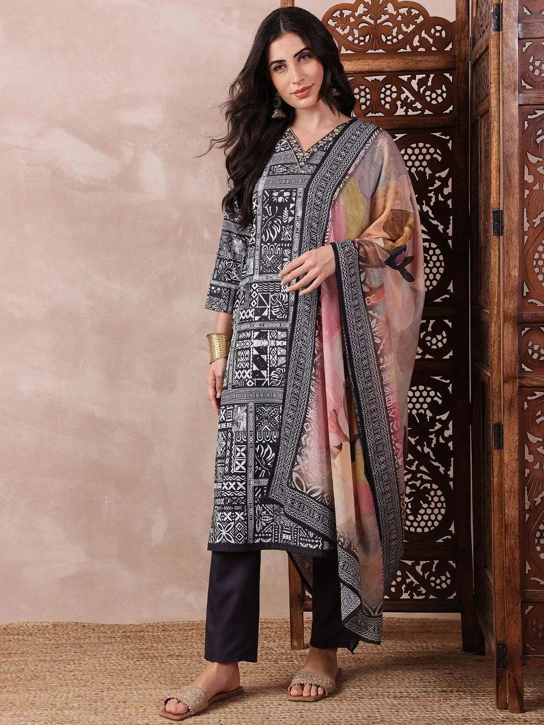 Women Black Silk Blend Geometric Printed Straight Kurta Trouser With Dupatta