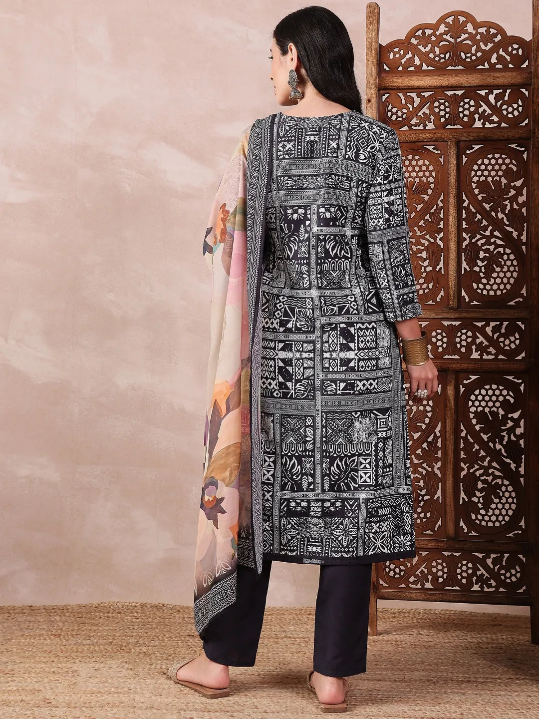 Women Black Silk Blend Geometric Printed Straight Kurta Trouser With Dupatta