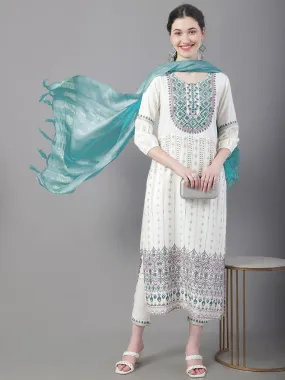 Women Ethnic Motifs Printed Thread Work Kurta With Trousers & With Dupatta